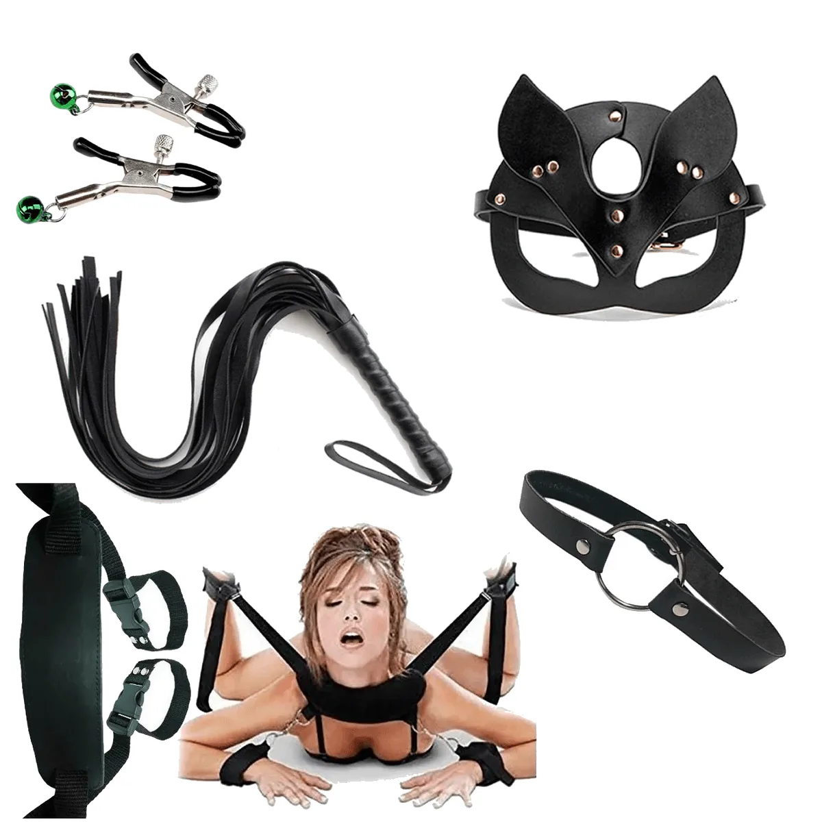 Kit Sado Bondage + Arnes Amarre de Cuello + Latigo + Mordaza + Pinza de Pezones (5 Articulos): imagen 2